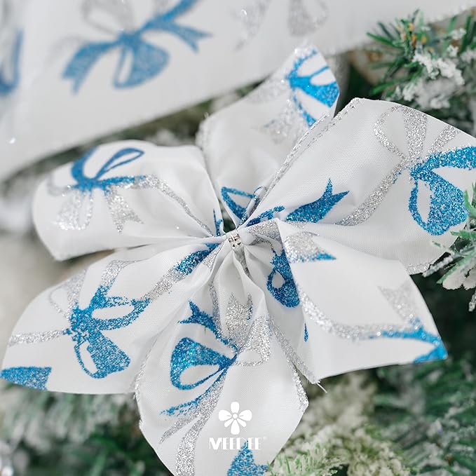 MEEDEE Blue and Silver Christmas Ribbon 2.5 Inch White Satin Ribbons - Image 6