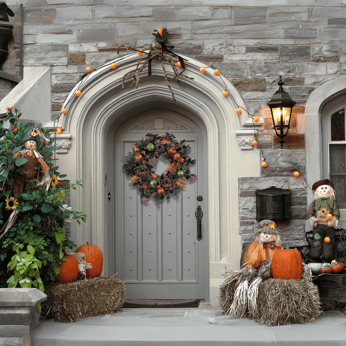 22 Inch Halloween Wreath for Front Door, Spooky Black & Purple Glitter Rose Wreath with Bats & Ornaments, Outdoor Halloween Decorations