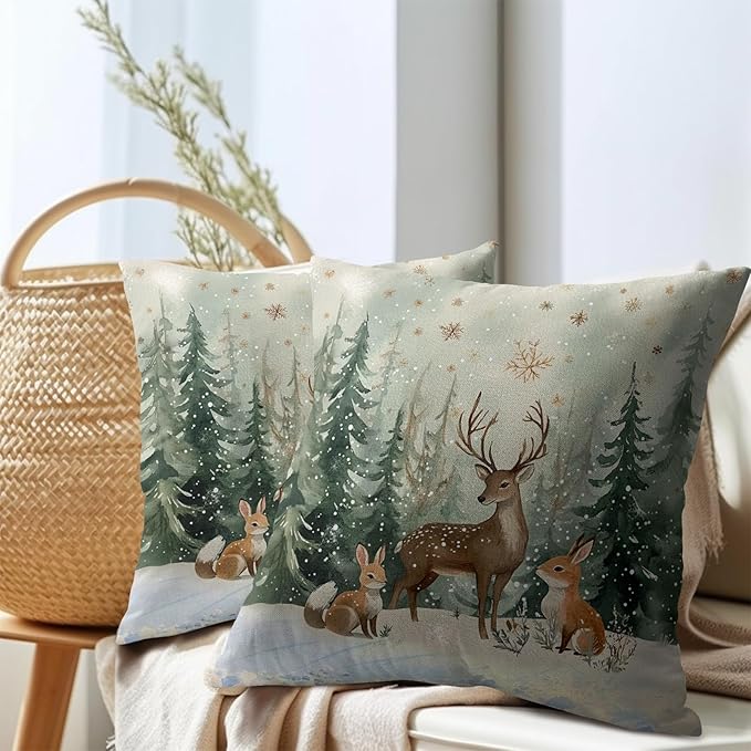 Xmas Reindeer Throw Pillow Cover 18x18 Inch Set of 2 Winter Trees Snowflake - Image 7