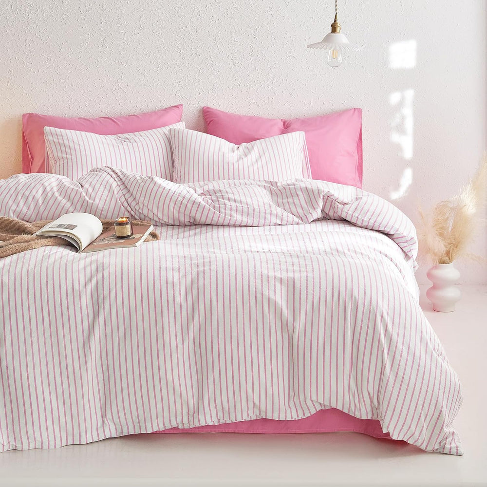 Wake In Cloud Striped Cotton Duvet Cover Set, Pink White, Full