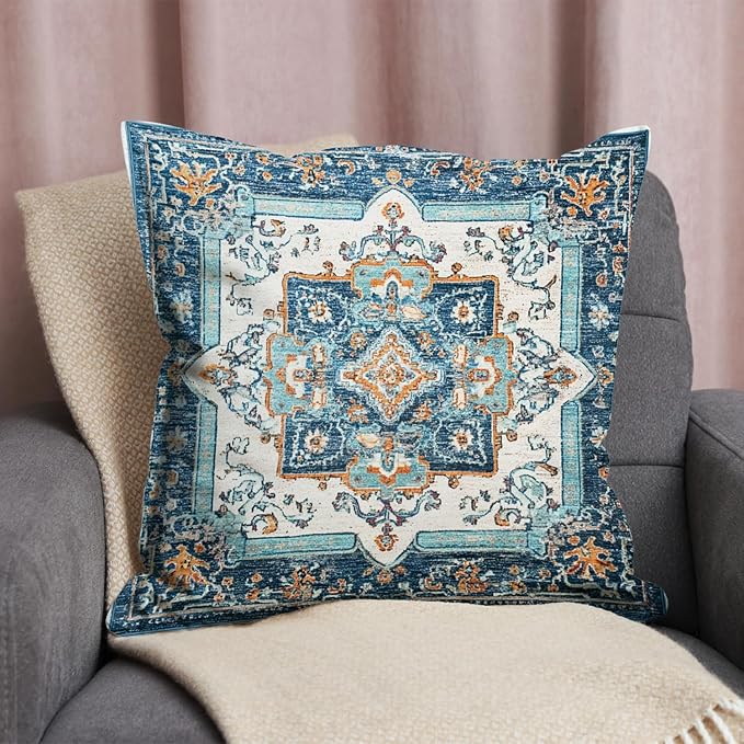 Bohemian Pillow Covers | Vintage Floral & Carpet Design | Double Sided Blue - Image 3