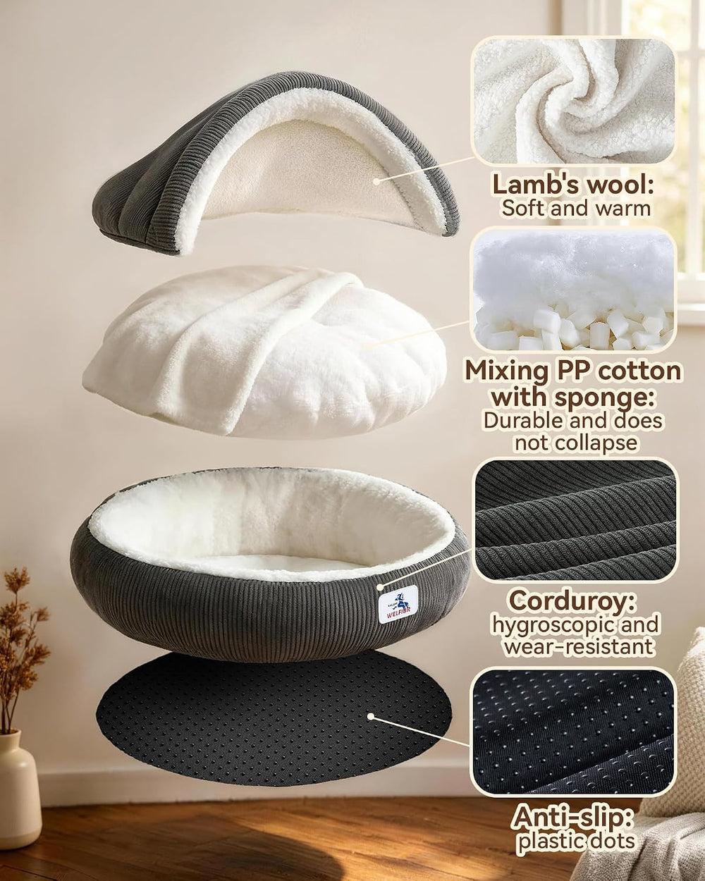 Calming Cozy Dog Cave Cover Bed, Burrow Small Doggy Anti Anxiety