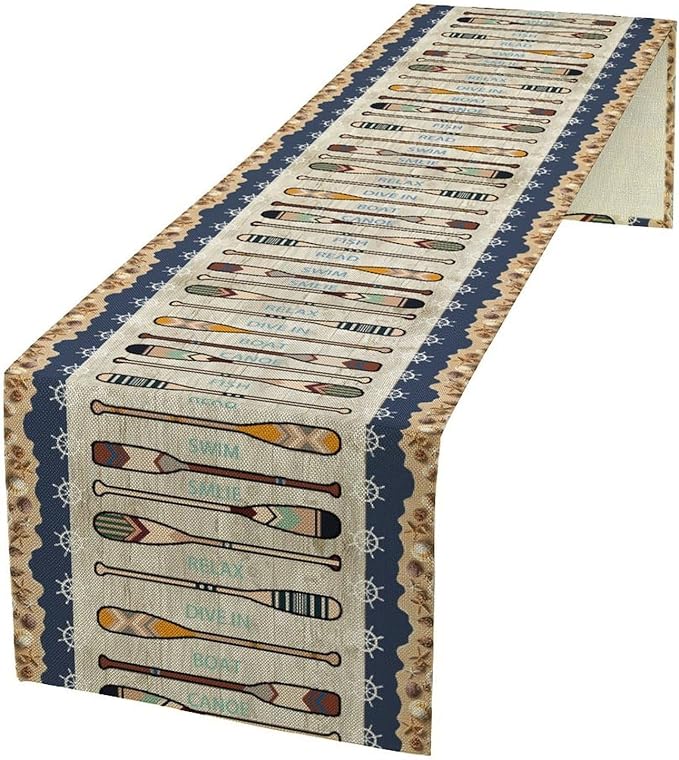 Lake Summer Paddle Nautical Table Runner Stripes Wood Grain Farmhouse Kitchen by Unknown