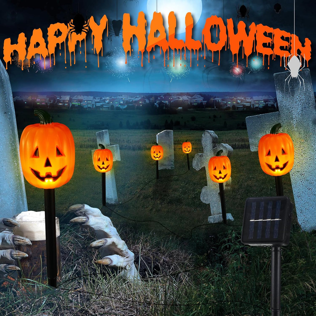 Retisee Halloween Pumpkin Pathway Markers Lights Solar Powered Pathway String Lights Light up Jack O Lantern Pumpkin Garden Stakes for Yard Lawn Tree Patio Walkway Driveway Party Decor (10 Pcs)