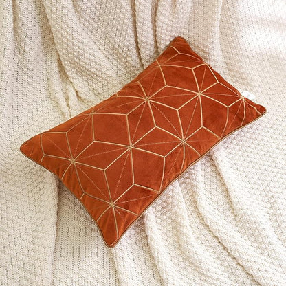 Aeckself 12 x 20 Inch Orange Gold Plaid Geometric Stripes Embroidery Velvet - Image 2