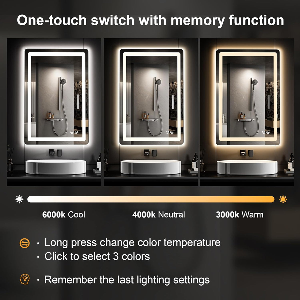 36"x24" led bathroom mirror with lights, vanity mirror, side view