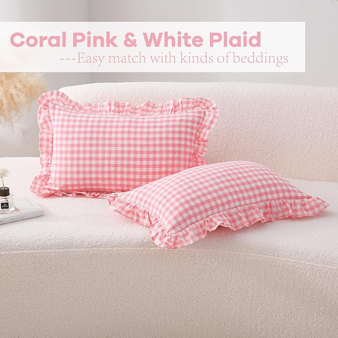 2 Pack Coral Pink Plaid Ruffle Gingham Throw Lumbar Pillow Shams, 100% Washed - Image 2