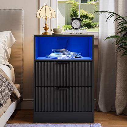 black night stand set 2, led nightstand with, front angle view