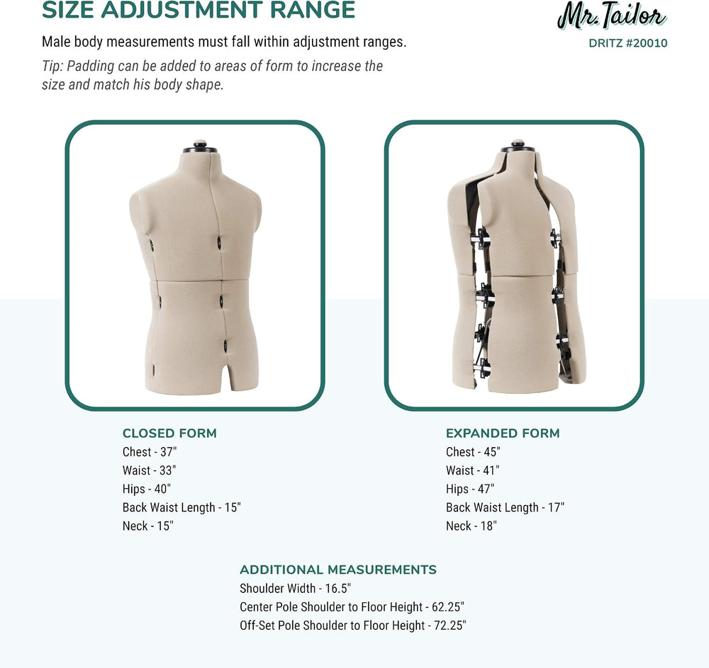 Dritz Mr. Tailor Adjustable Dress Form, Men Size US M-XL