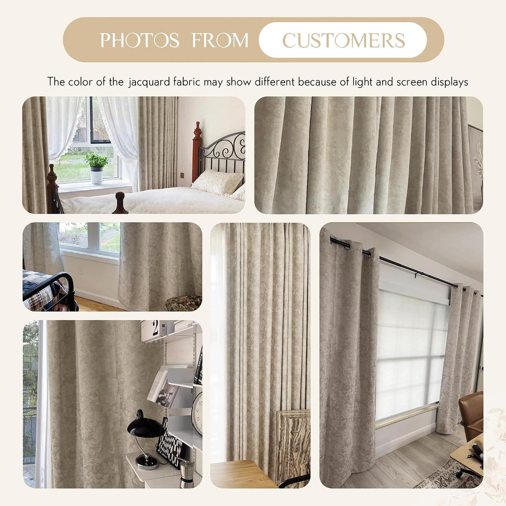 Beauoop Beige Floral Jacquard Blackout Curtains for Bedroom 52x84 2 Panels