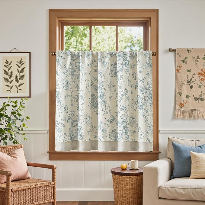 jinchan Linen Kitchen Curtain 36 Inch French Floral Double Layer Curtain - Image 2