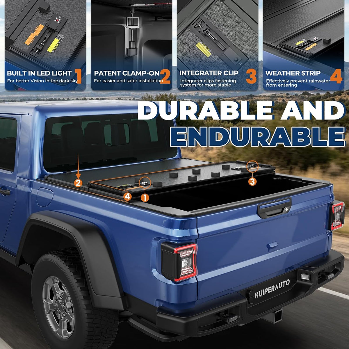 kuiperauto hard tri fold truck bed tonneau cover, close-up detail