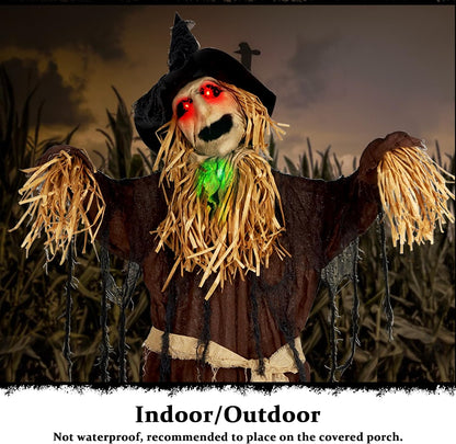 ATDAWN 6FT Halloween Standing Scarecrow, Life-Size Animated Ghost Decor with Light-up Eyes, Spooky Sound, Moving Arms & Head, Sound Activated Haunted House Props for Halloween Party Decorations