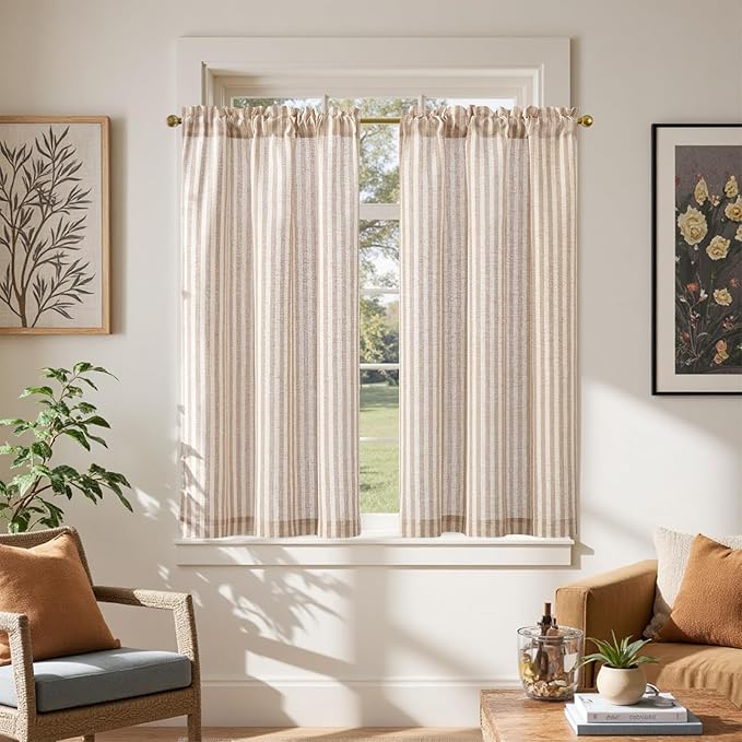 jinchan Striped Linen Kitchen Curtains 45 Inches Length Tier Curtains Farmhouse by JINCHAN