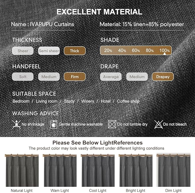 IVAPUPU Linen Pinch Pleated Blackout Curtains - Image 3