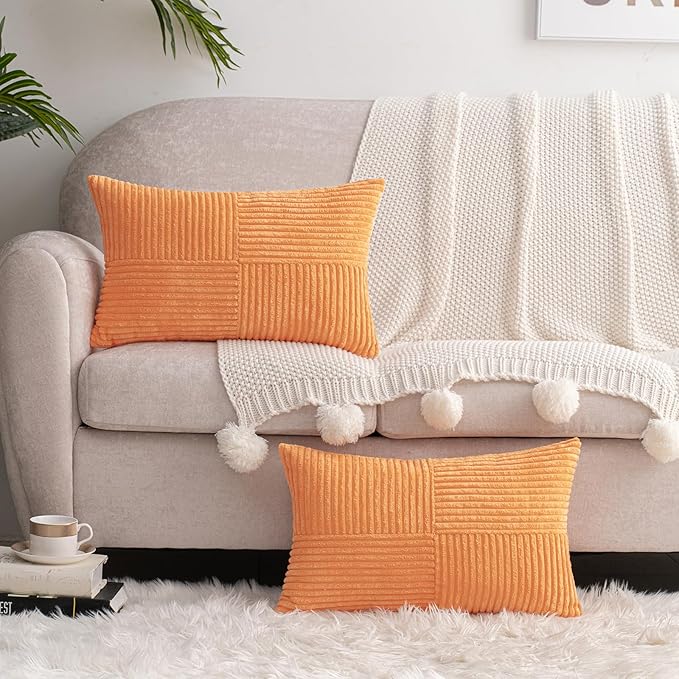HWY 50 Orange Corduroy Patchwork Throw Pillow Covers 12x20 Inch Rectangle - Image 6