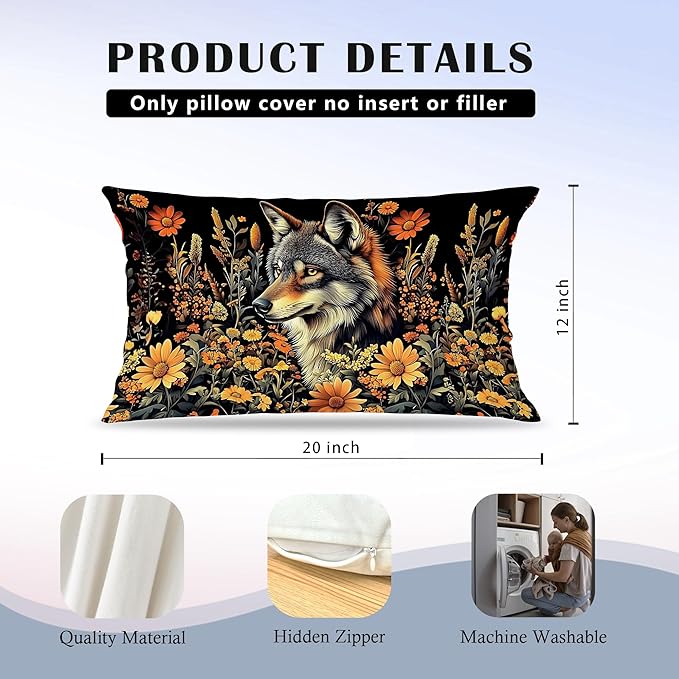 Moody Floral Wolf Pillow Covers 12x20, Dark Academia Room Decor, Dark - Image 6