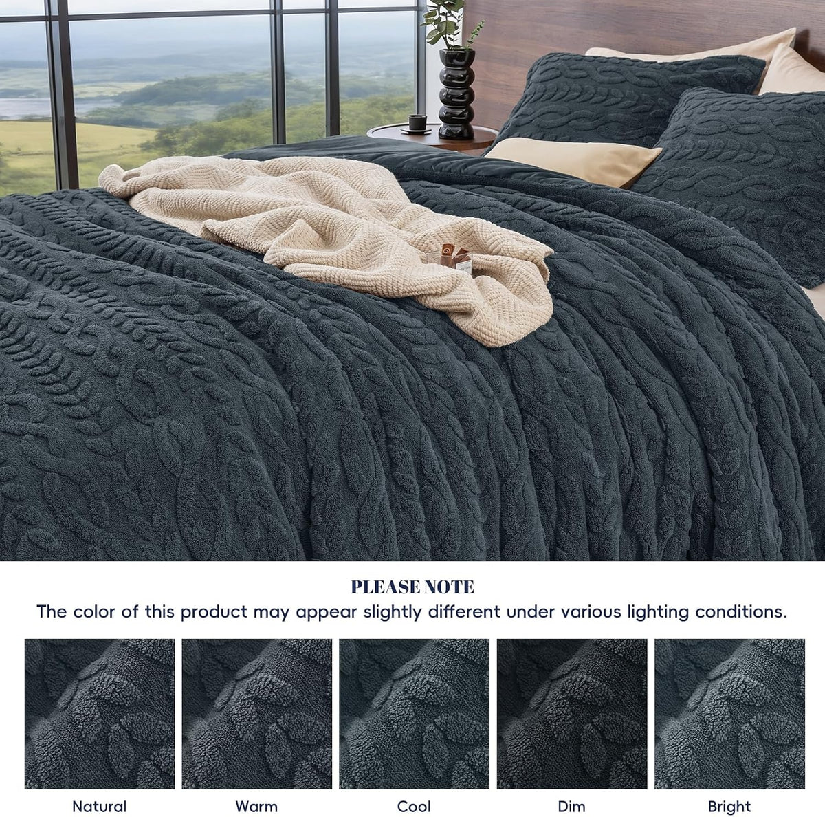phf fluffy sherpa fleece queen comforter set, 3 on a desk or shelf