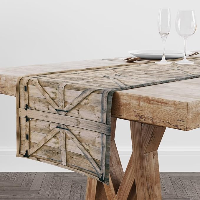 Western Vintage Wood Table Runner Country Barn Door Farm Retro Kitchen Dinner - Image 2