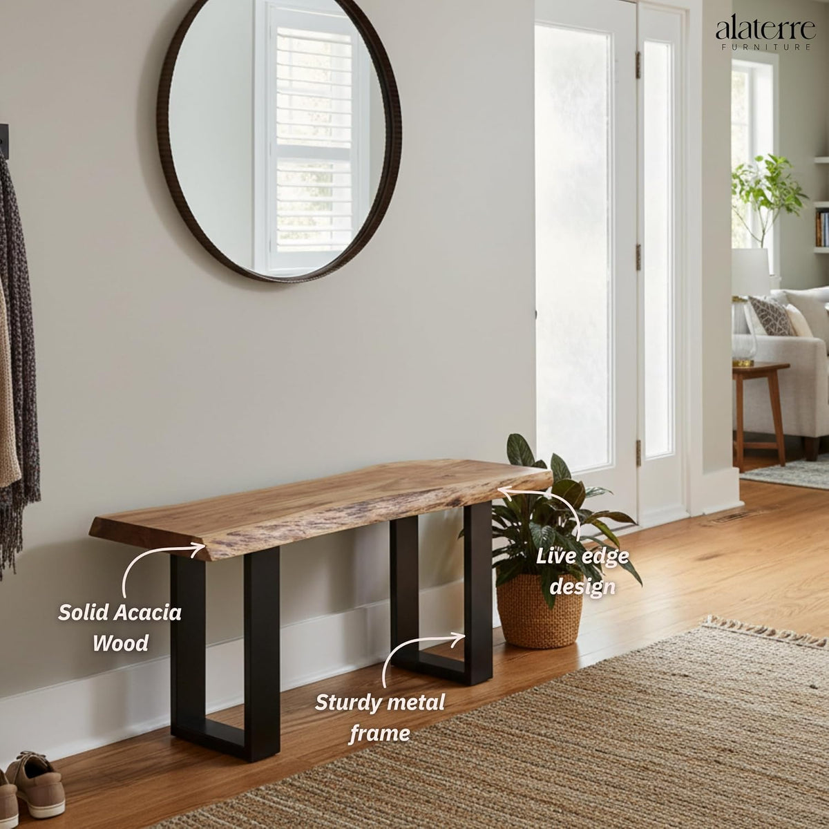alaterre alpine live edge solid wood rustic entryway showing dimensions