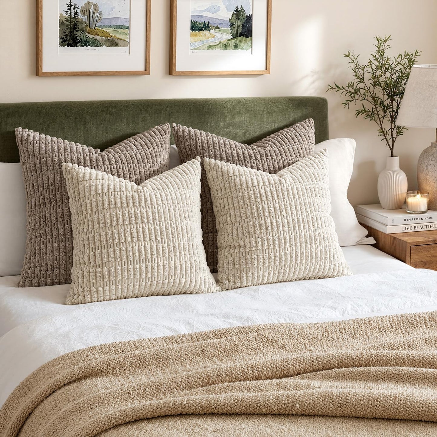 MIULEE Pack of 2 Corduroy Decorative Throw Pillow Covers 18x18 Inch Soft Boho Striped Pillow Covers Modern Farmhouse Home Decor for Sofa Living Room Couch Bed Cream White