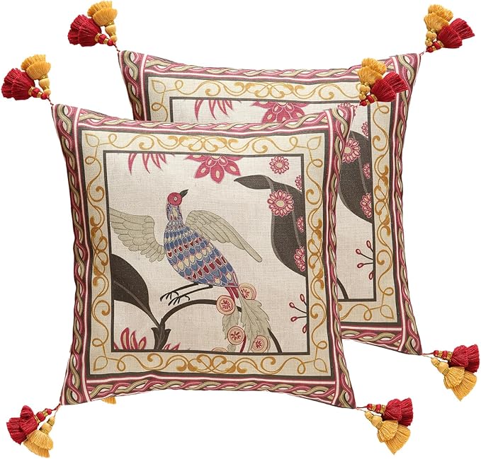 patdrea Designer Throw Pillow Cover 18"x18", Vintage Bird and Floral Pattern by Welcometopatdrea