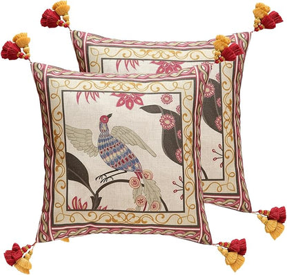 patdrea Designer Throw Pillow Cover 18"x18", Vintage Bird and Floral Pattern by Welcometopatdrea