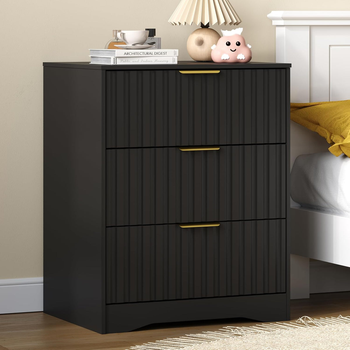 3 drawer dresser, fluted nightstand with storage,black, main product view