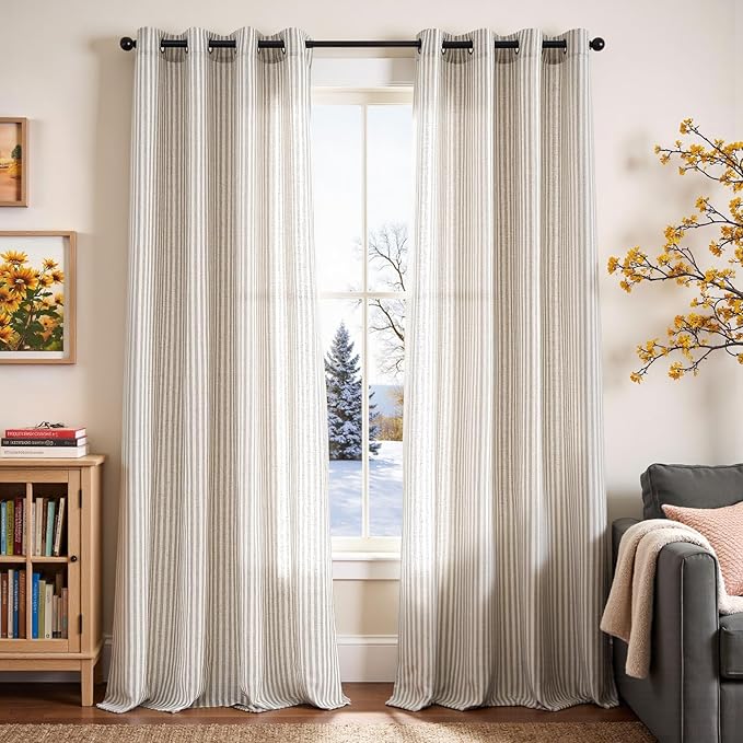 Vangao Linen Striped Grey Curtains Boho Tickingstripe Light Filtering Window - Image 2