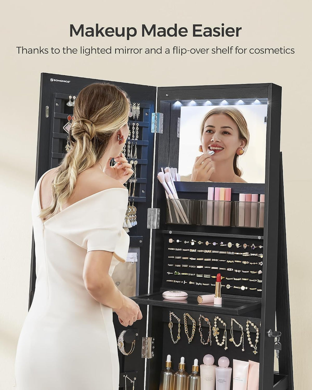 SONGMICS LED Mirror Jewelry Cabinet Standing, Adjustable Lights, Lockable