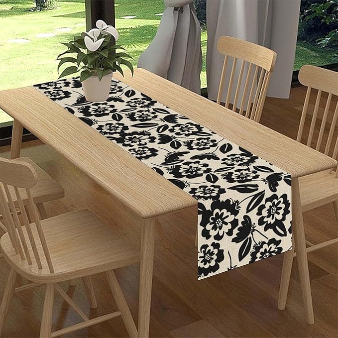 Dark Floral Table Runner, Abstract White Flower Seasonal Coffee Table Center - Image 2