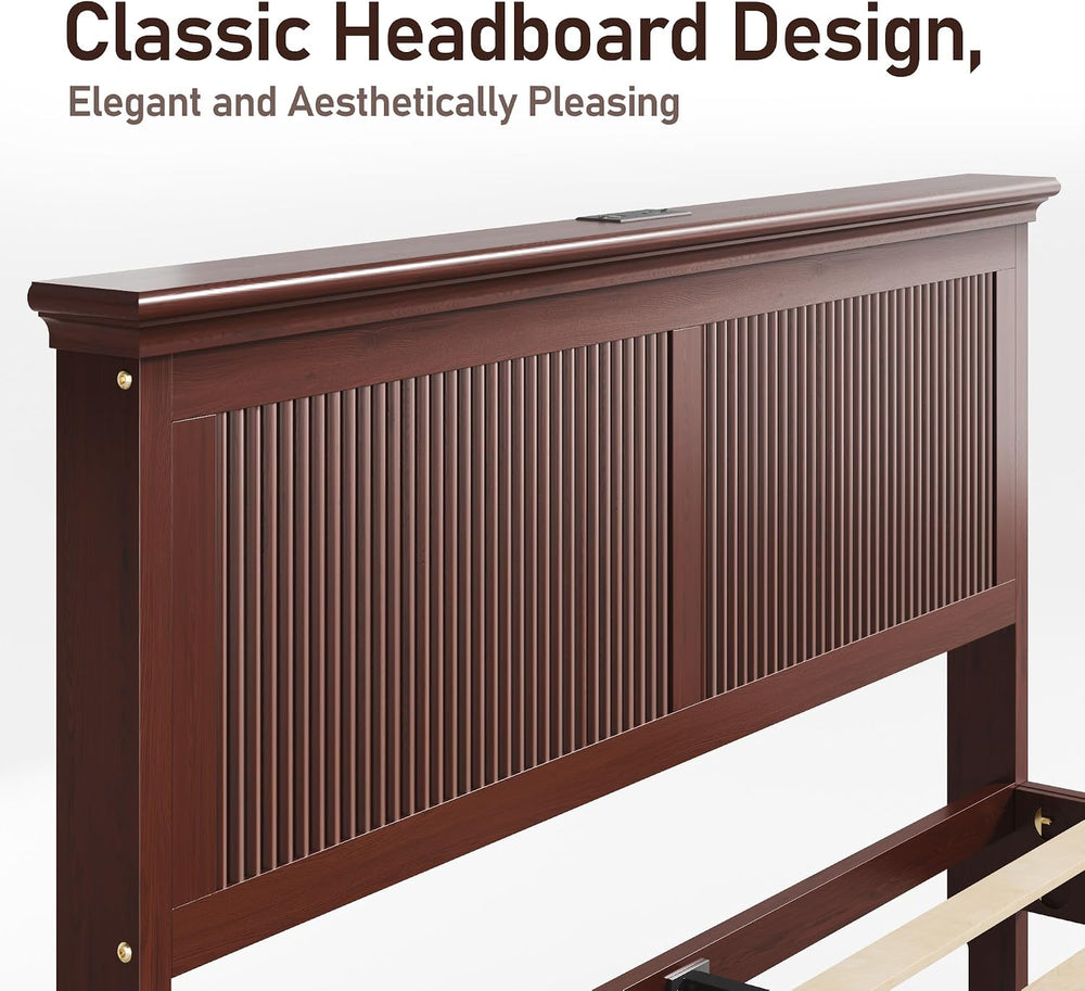 Lifezone King Bed Frame with Headboard, Solid Wood Bed Frame King Size with C...