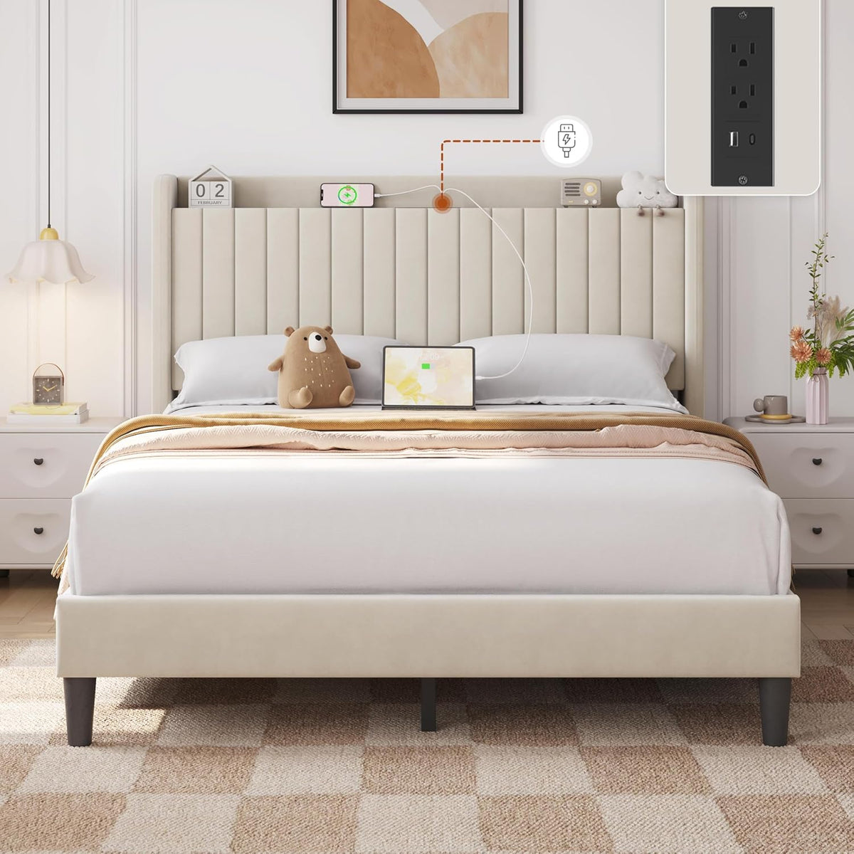 yaheetech queen bed frame with channel-tufted storage headboard, close-up detail