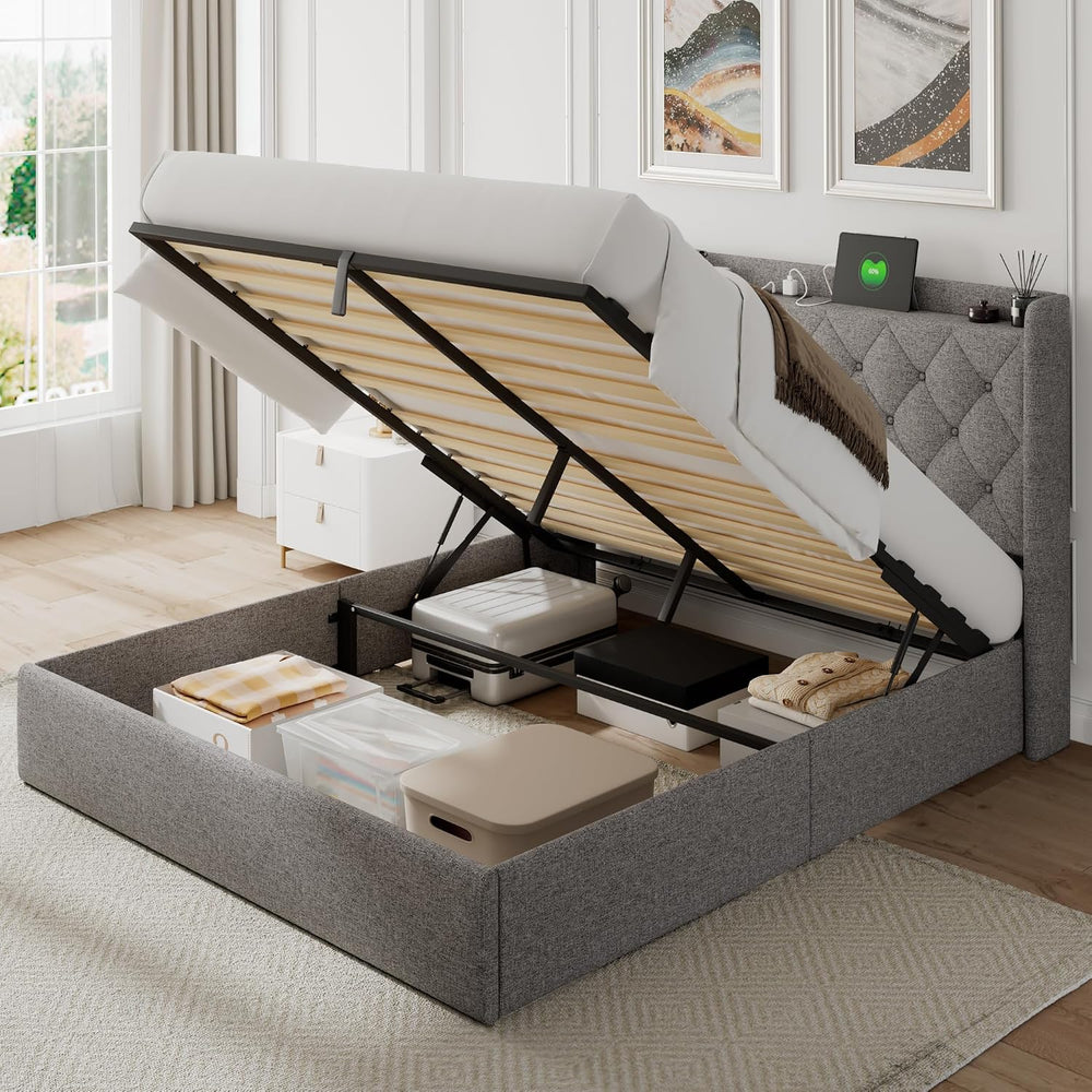 Feonase Full Size Bed Frame with Storage & Charging Station - Hydraulic L...