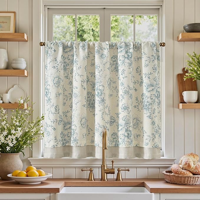 jinchan Linen Kitchen Curtain 36 Inch French Floral Double Layer Curtain by JINCHAN