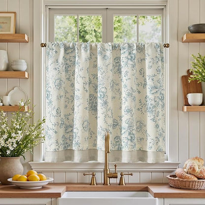 jinchan Linen Kitchen Curtain 36 Inch French Floral Double Layer Curtain by JINCHAN