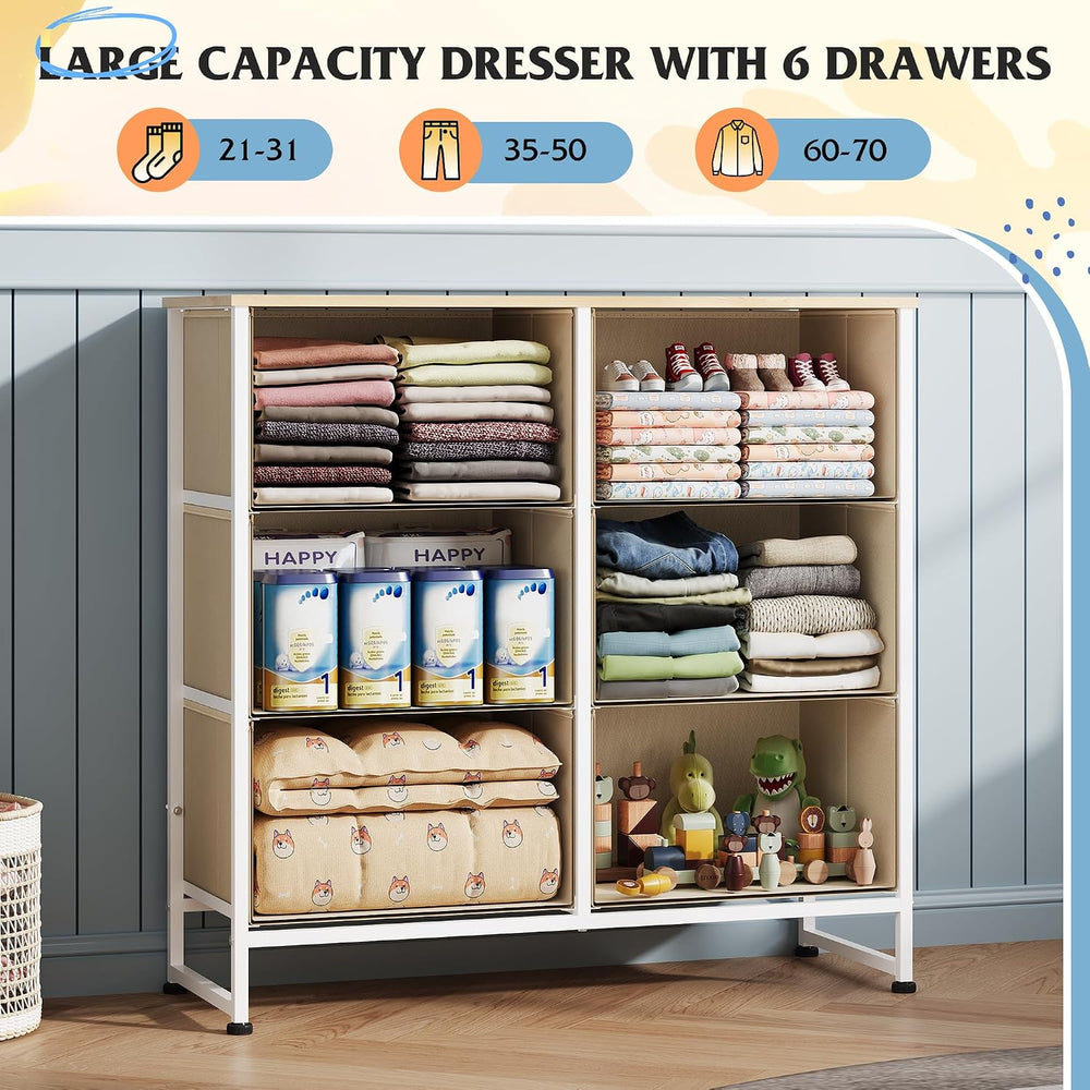 WLIVE Beige Fabric Dresser for Bedroom, 6 Drawer Dressers, Chest of Drawers