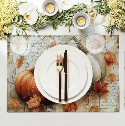 Fall Vintage Pumpkin Leaves Placemats Set of 4 Autumn Thanksgiving Harvest - Image 3