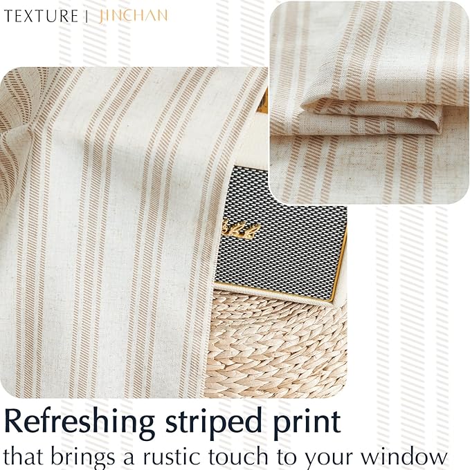 jinchan Tan Striped Kitchen Curtain Linen Farmhouse Cafe Curtain 36 Inch Tiers - Image 6