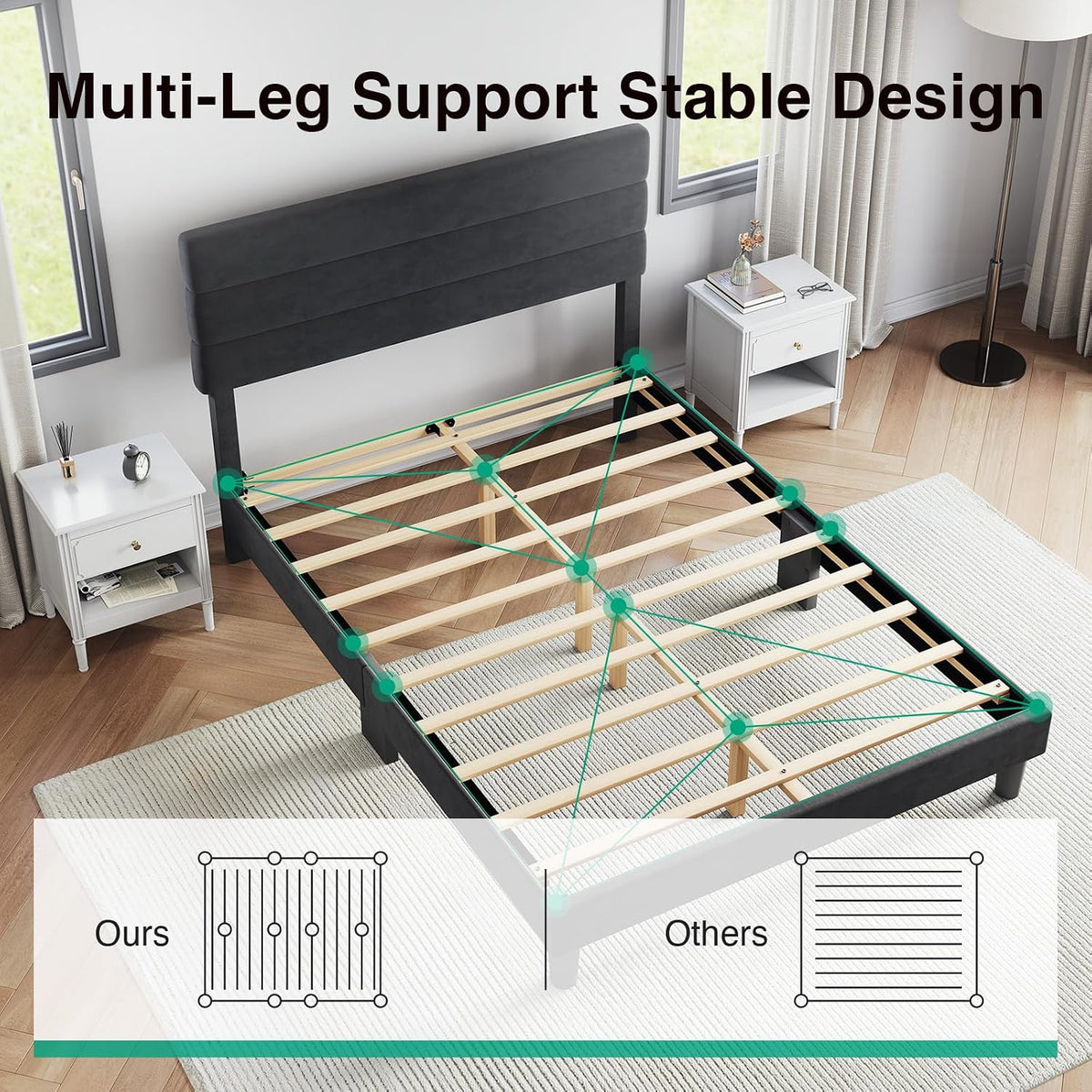 novilla queen bed frame, queen size bed frame, close-up detail