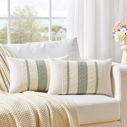 Fancy Homi Set of 2 Sage Green Boho Lumbar Decorative Throw Pillow Covers 12x24 by Fancy+Homi