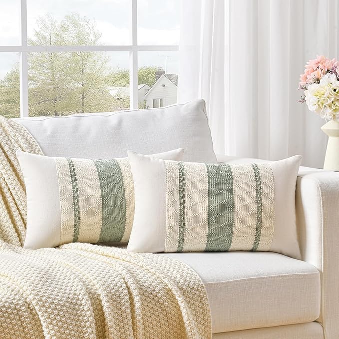Fancy Homi Set of 2 Sage Green Boho Lumbar Decorative Throw Pillow Covers 12x20 by Fancy+Homi