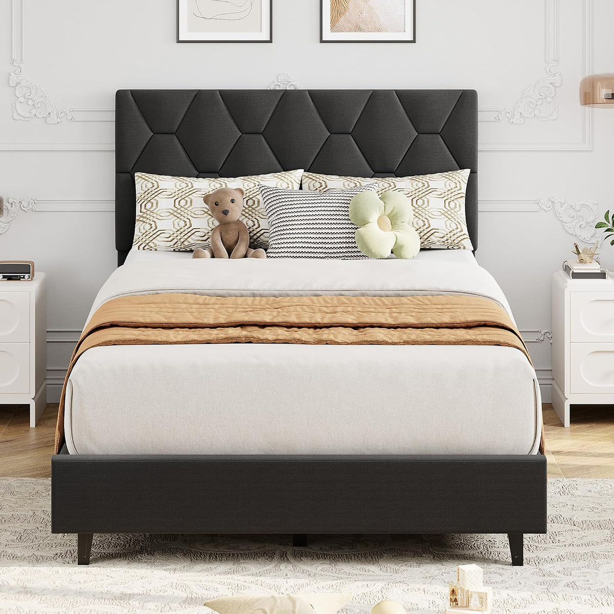 garveehome twin xl bed frame, adjustable upholstered headboard,gray, main product view