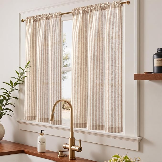 jinchan Striped Linen Kitchen Curtains 45 Inches Length Tier Curtains Farmhouse - Image 2