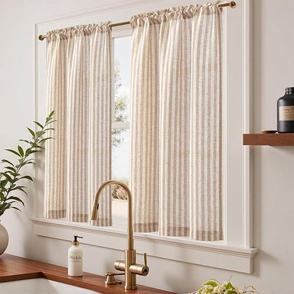 jinchan Striped Linen Kitchen Curtains 45 Inches Length Tier Curtains Farmhouse - Image 2