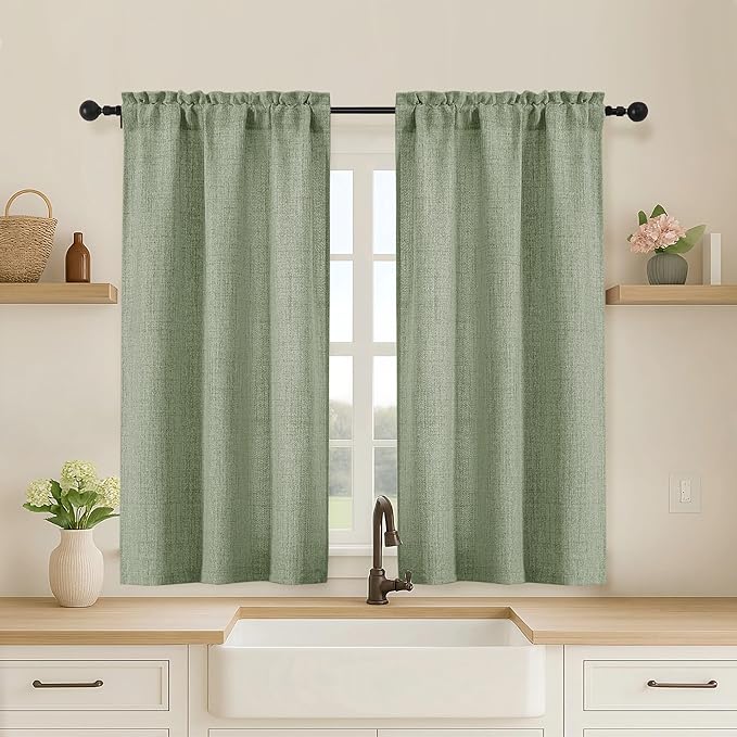OVZME Green Cafe Curtains 45 Inch Length 2 Panels, Thick Textured Kitchen Door by OVZME