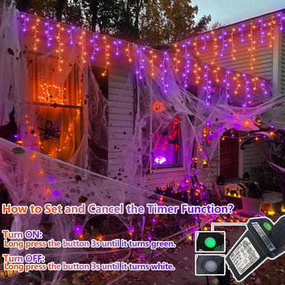 YEGUO 33ft 400 LED Orange and Purple Icicle Halloween Lights, 80 Drops Icicle Lights Connectable, 8 Modes Icicle Christmas Light with Memory Timer