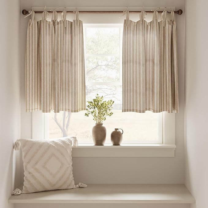 jinchan Tie Top Linen Kitchen Curtains 36 Inches Striped Tier Curtains - Image 3