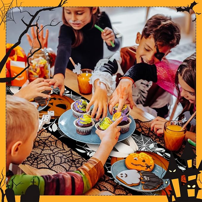 Happy Halloween Table Runner Pumpkin Black Spider Web Fall Kitchen Dining Table - Image 3