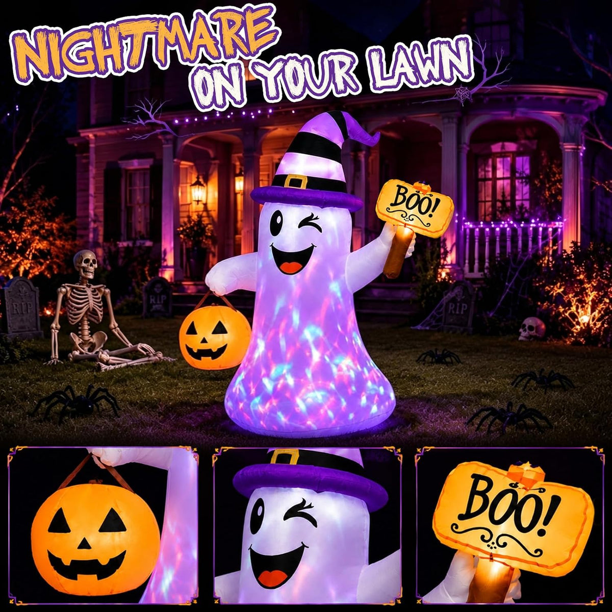 4.5 FT Halloween Inflatables Ghost with Pumpkin Boo, Halloween Decorations Outdoor with Build-in LED Lights Blow Up Cute Wizard Ghost Inflatables for Garden Lawn Yard Party Decor